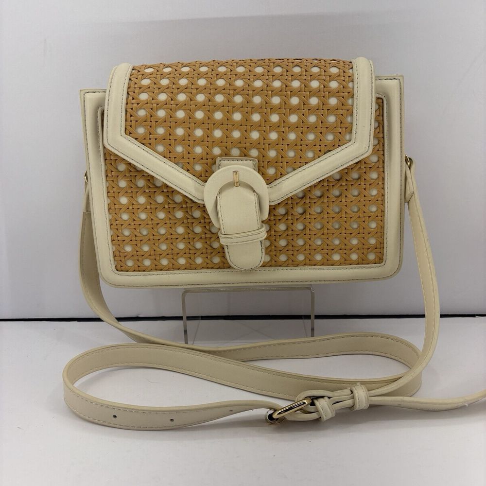 Madison West Jolene Tan Crossbody Purse Bag Woven Rattan Cane Detail